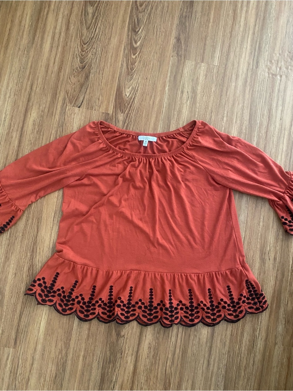 Fever Rust Orange Scoop-Neck Blouse with Scalloped Embroidery